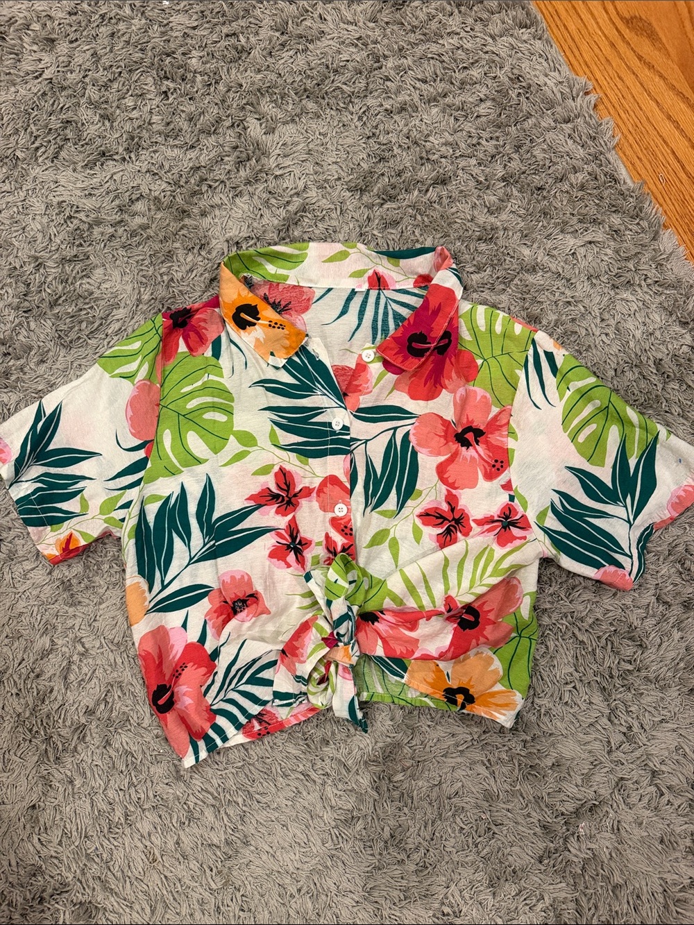 Tropical Floral Tie-Front Button Shirt